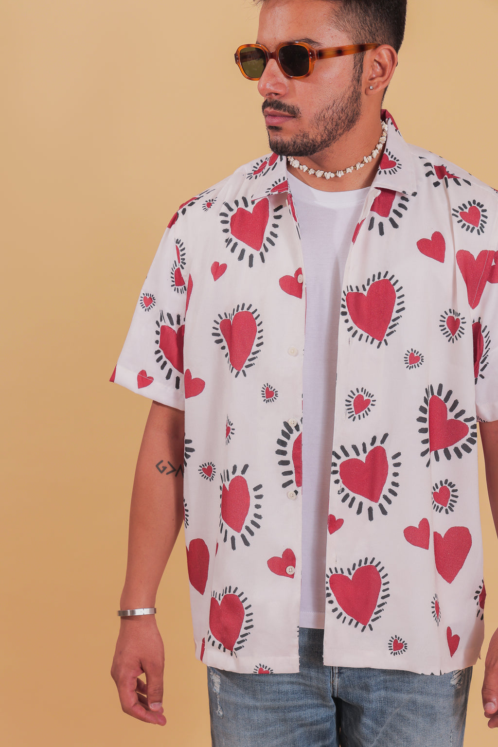 Pimped Up Hearts Printed Cuban Collar Shirt