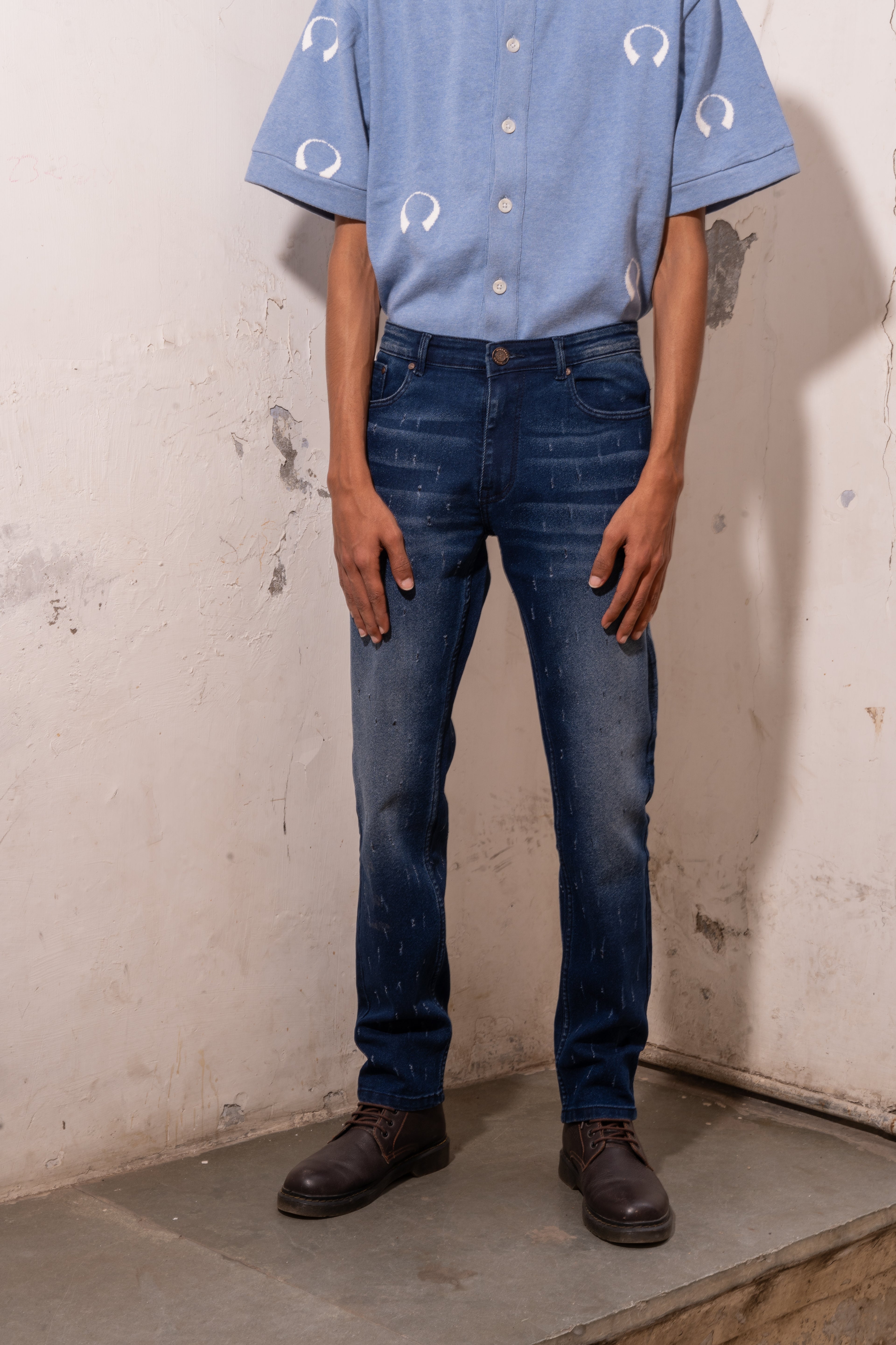 Blue Ripped Slim Tapered Fit Denim